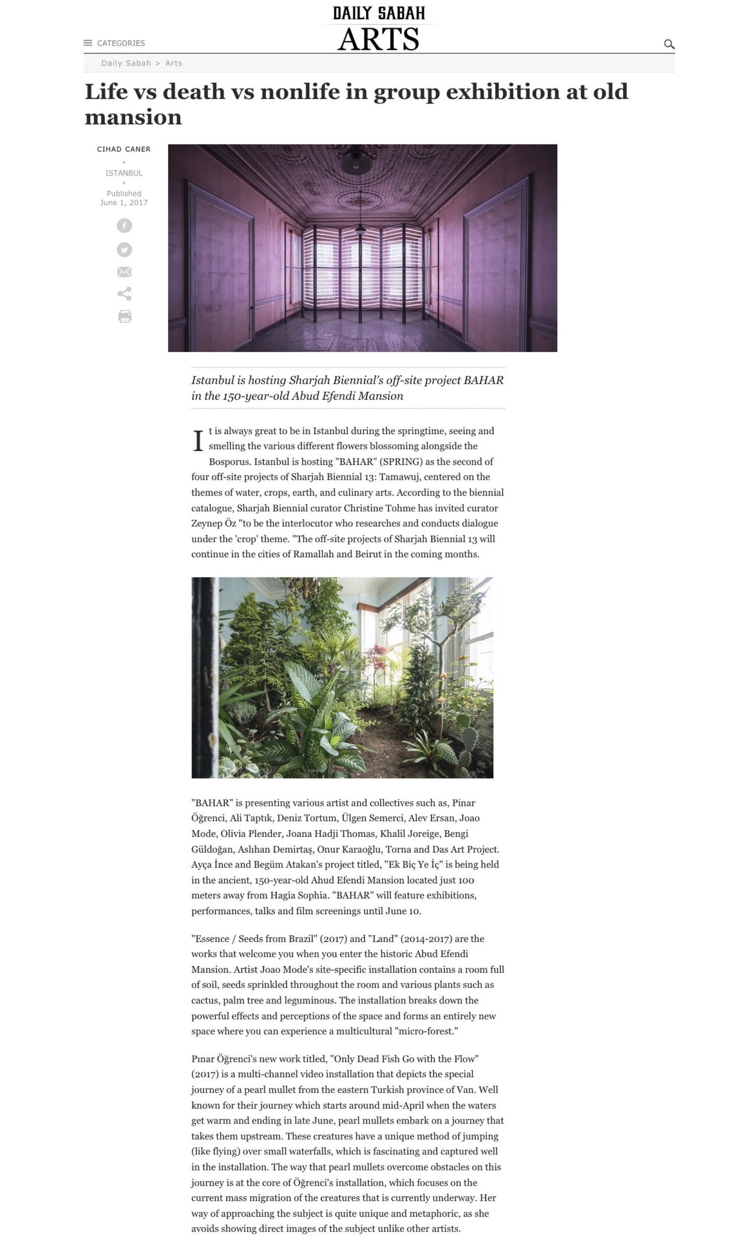 Daily Sabah (June 1, 2017), Life vs death vs nonlife in group exhibition at old mansion