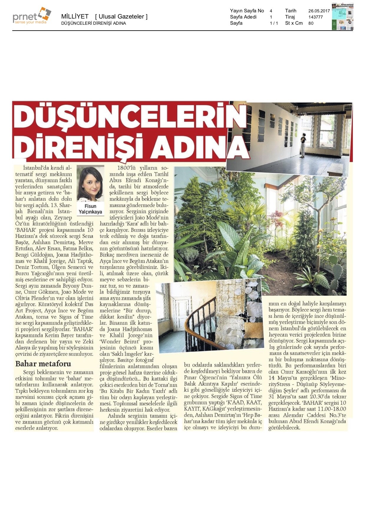 Milliyet (May 26, 2017), To Honor the Resistance of Ideas