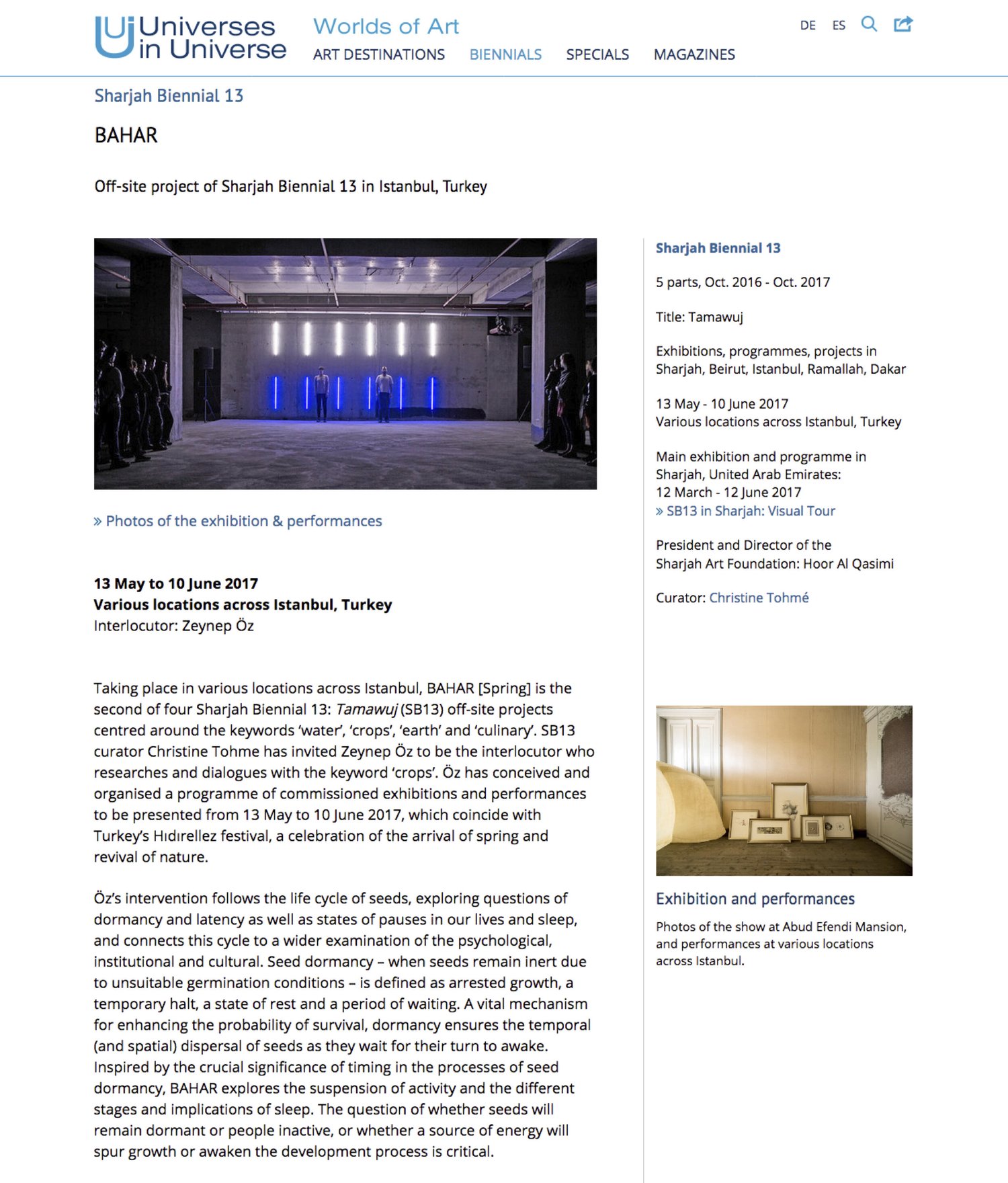 Universes in Universes (April 2017), Offsite Project of Sharjah Biennial in Istanbul, Turkey